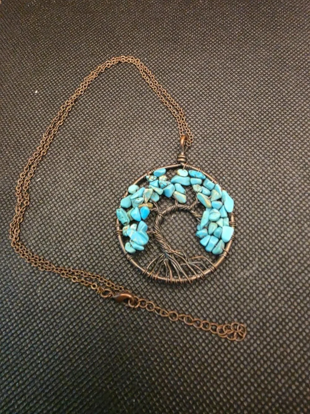 Bronze Tone Boho Tree of Life Turquoise Chip Stone Pendant Necklace 18